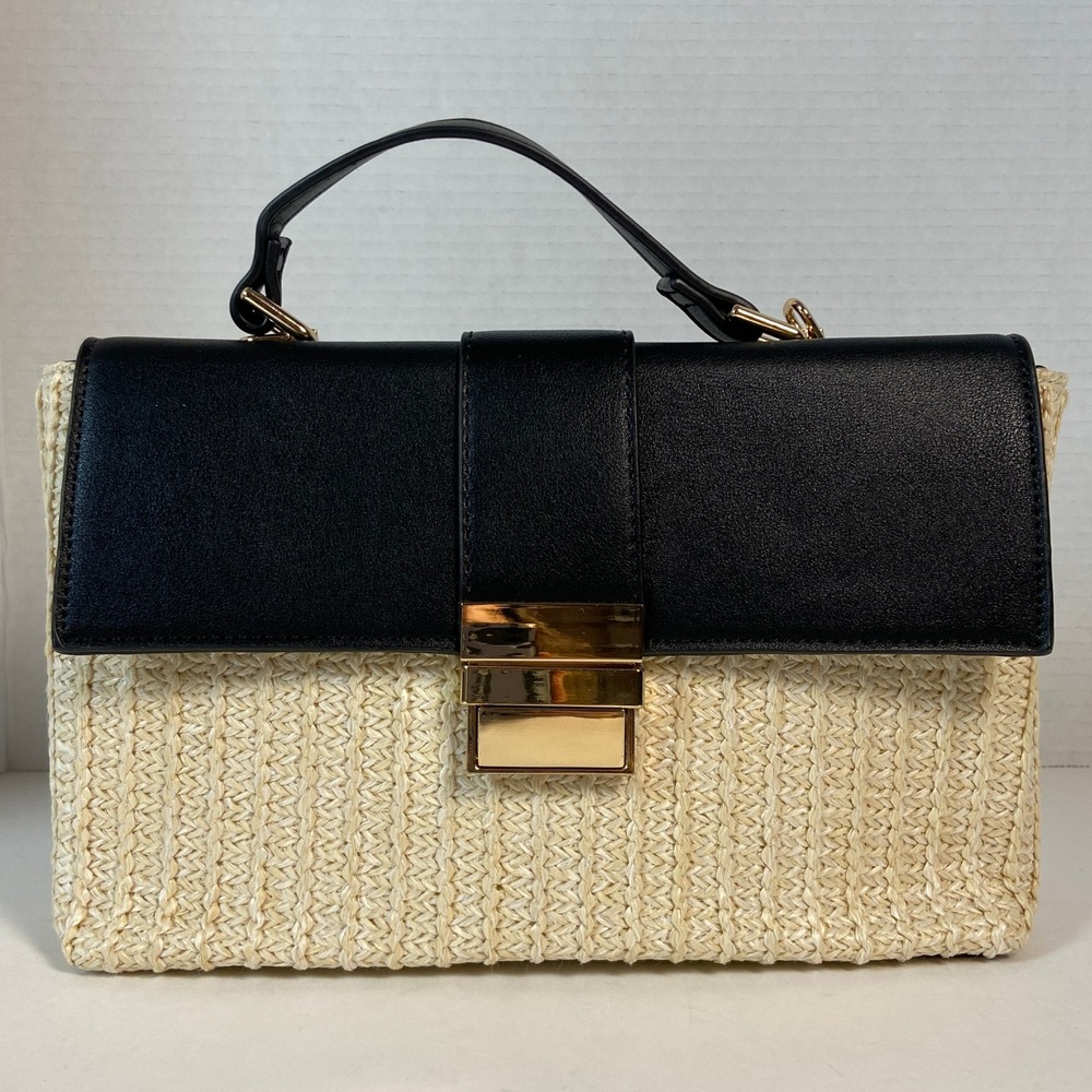 Urban Expressions Woven Straw Top Handle Bag Black Vegan Leather Satchel Bag
